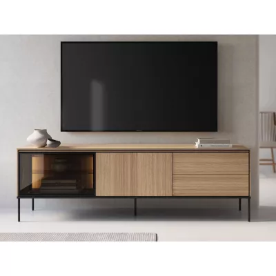 Prosklený široký TV stolek ANACORTES - dub + LED osvětlení ZDARMA
