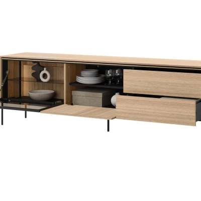 Prosklený široký TV stolek ANACORTES - dub + LED osvětlení ZDARMA