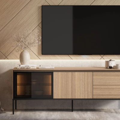 Prosklený TV stolek ANACORTES - dub + LED osvětlení ZDARMA