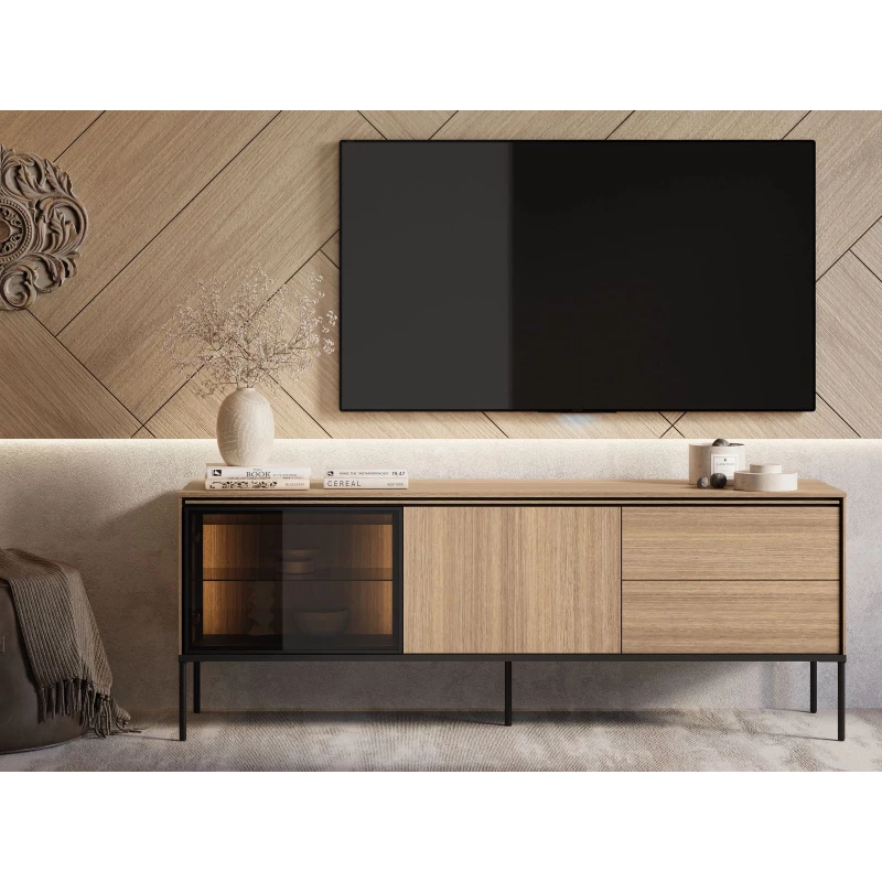Prosklený TV stolek ANACORTES - dub + LED osvětlení ZDARMA
