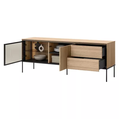 Prosklený TV stolek ANACORTES - dub + LED osvětlení ZDARMA