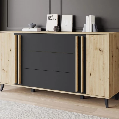 Široká kombinovaná komoda POULSBO - dub artisan / černá grafitová