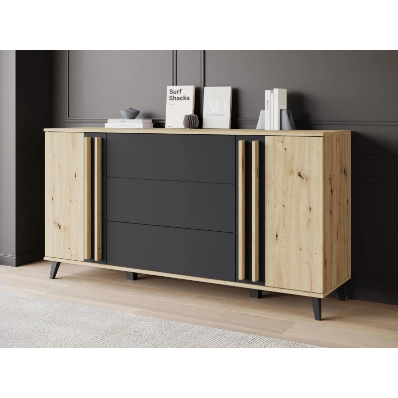Široká kombinovaná komoda POULSBO - dub artisan / černá grafitová