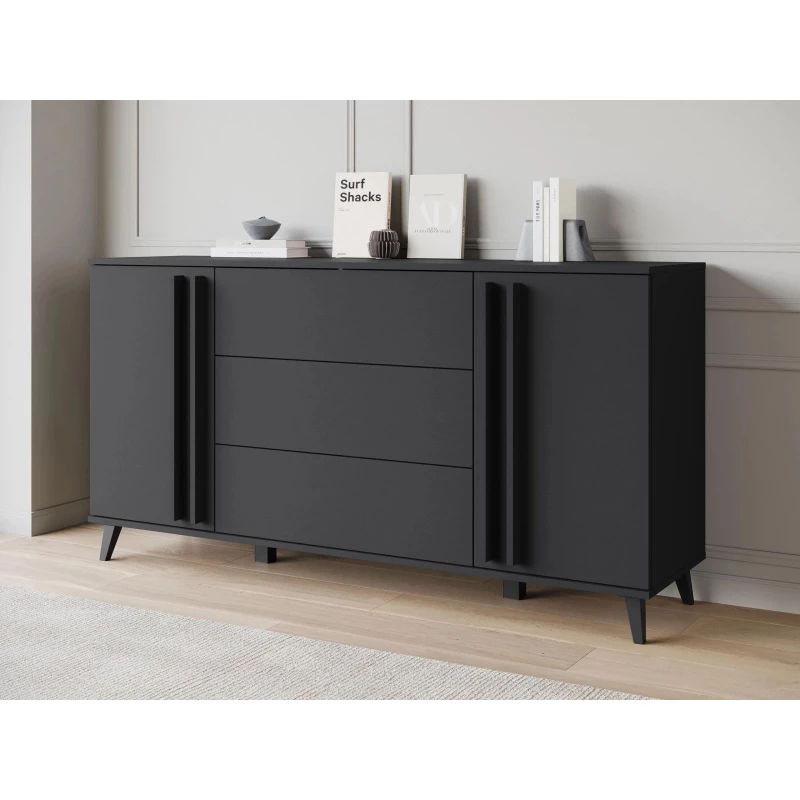 Široká kombinovaná komoda POULSBO - černá grafitová
