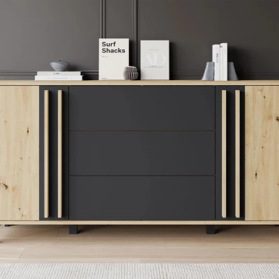 Široká kombinovaná komoda POULSBO - dub artisan / černá grafitová