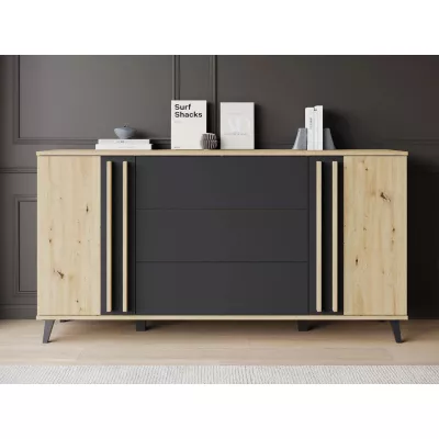 Široká kombinovaná komoda POULSBO - dub artisan / černá grafitová