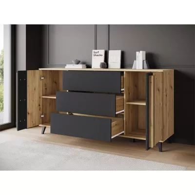 Široká kombinovaná komoda POULSBO - dub artisan / černá grafitová
