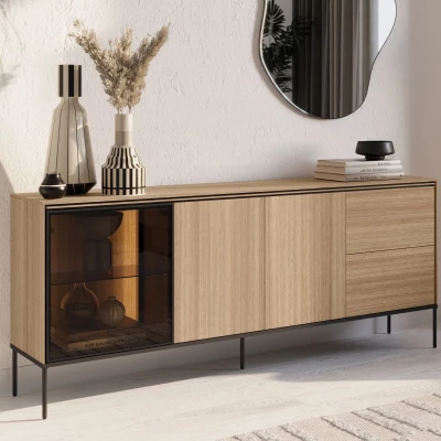 Prosklená široká komoda ANACORTES - dub + LED osvětlení ZDARMA