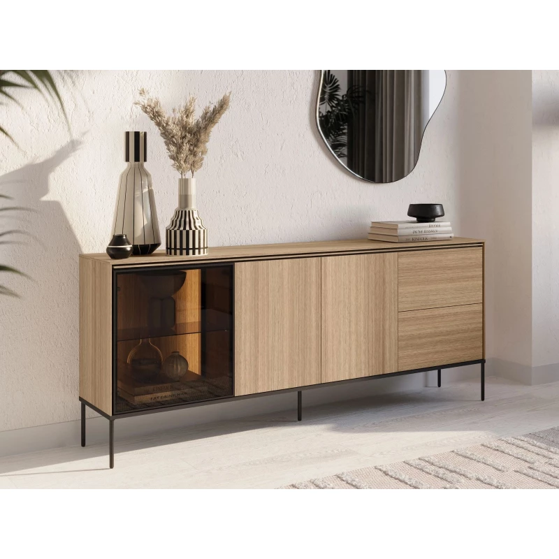 Prosklená široká komoda ANACORTES - dub + LED osvětlení ZDARMA