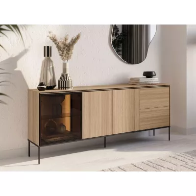 Prosklená široká komoda ANACORTES - dub + LED osvětlení ZDARMA