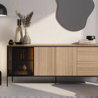 Prosklená široká komoda ANACORTES - dub + LED osvětlení ZDARMA