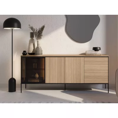 Prosklená široká komoda ANACORTES - dub + LED osvětlení ZDARMA