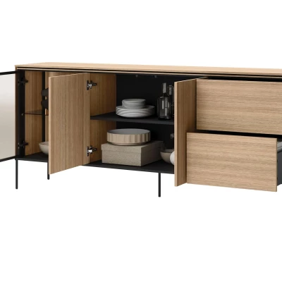 Prosklená široká komoda ANACORTES - dub + LED osvětlení ZDARMA