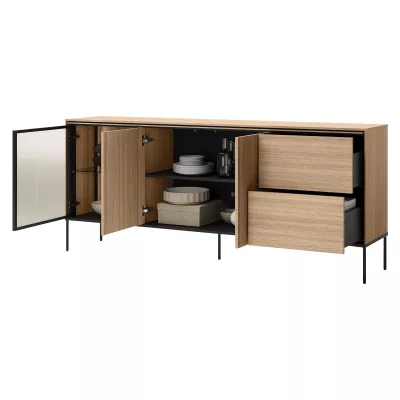 Prosklená široká komoda ANACORTES - dub + LED osvětlení ZDARMA