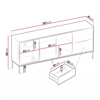 Prosklená široká komoda ANACORTES - dub + LED osvětlení ZDARMA