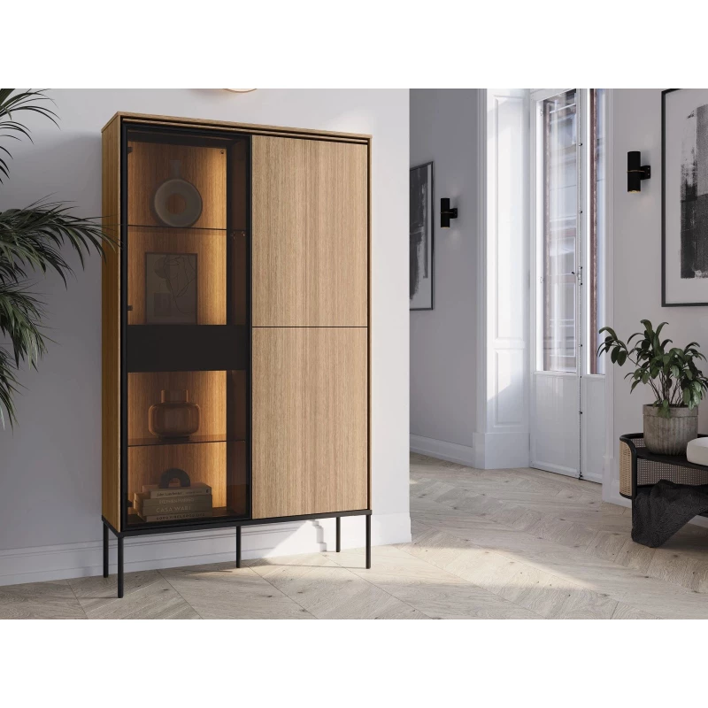 Vysoká prosklená komoda s dvířky a šuplíkem ANACORTES - dub + LED osvětlení ZDARMA