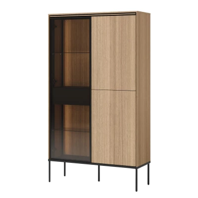 Vysoká prosklená komoda s dvířky a šuplíkem ANACORTES - dub + LED osvětlení ZDARMA