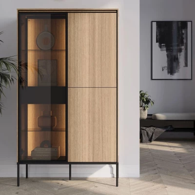 Vysoká prosklená komoda s dvířky a šuplíkem ANACORTES - dub + LED osvětlení ZDARMA