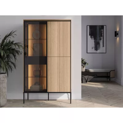 Vysoká prosklená komoda s dvířky a šuplíkem ANACORTES - dub + LED osvětlení ZDARMA