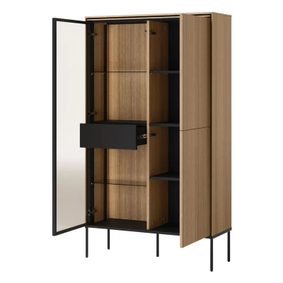 Vysoká prosklená komoda s dvířky a šuplíkem ANACORTES - dub + LED osvětlení ZDARMA