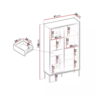 Vysoká prosklená komoda s dvířky a šuplíkem ANACORTES - dub + LED osvětlení ZDARMA