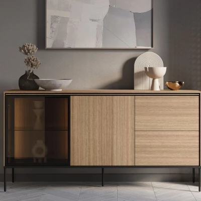 Prosklená kombinovaná komoda ANACORTES - dub + LED osvětlení ZDARMA