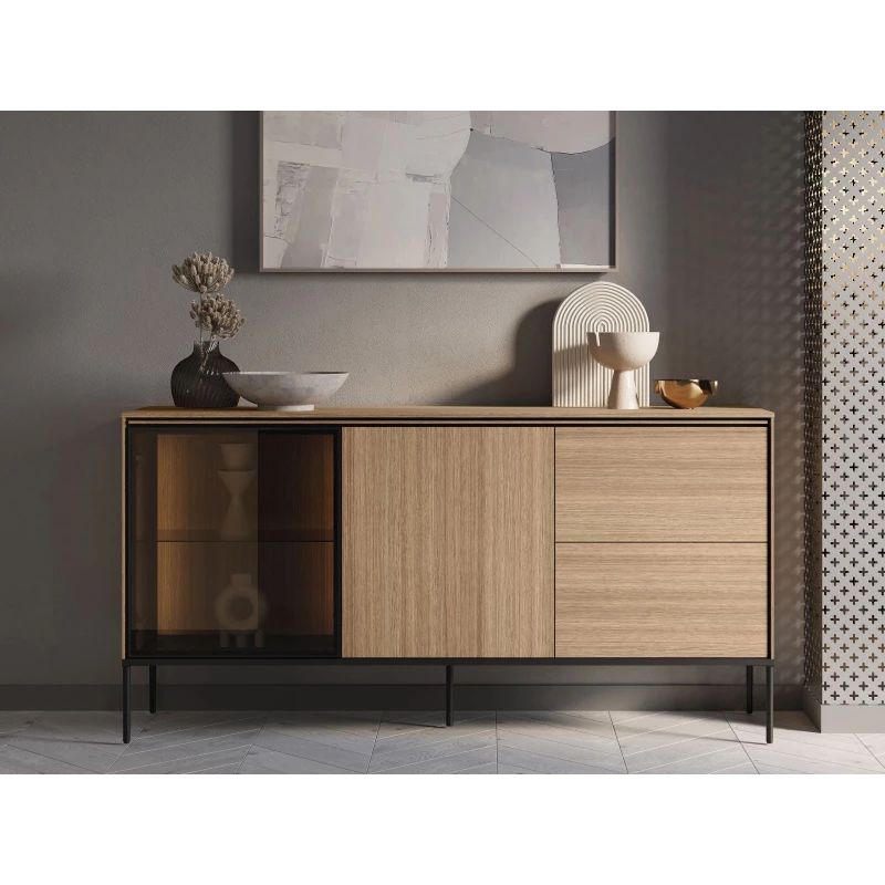 Prosklená kombinovaná komoda ANACORTES - dub + LED osvětlení ZDARMA