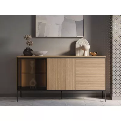 Prosklená kombinovaná komoda ANACORTES - dub + LED osvětlení ZDARMA