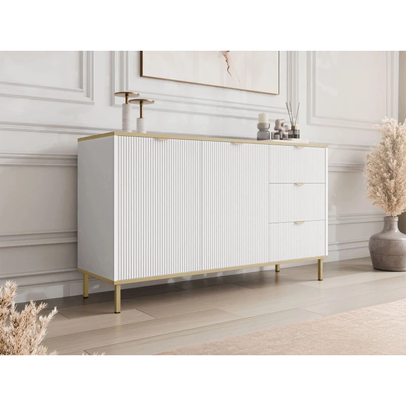 Široká komoda se šuplíky a dvířky PULLMAN - zlatá / bílá