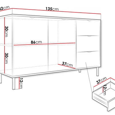 Široká komoda se šuplíky a dvířky PULLMAN - zlatá / bílá
