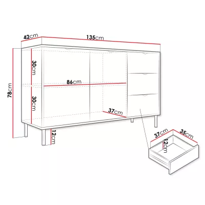 Široká komoda se šuplíky a dvířky PULLMAN - zlatá / bílá