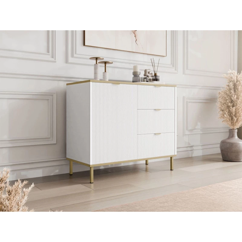 Komoda se šuplíky a dvířky PULLMAN - zlatá / bílá