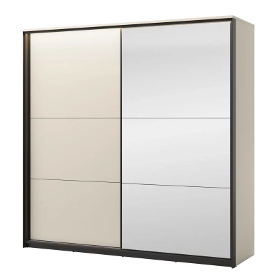 Široká zrcadlová šatní skříň 220 cm REDMOND - písková béžová / černá + LED osvětlení ZDARMA