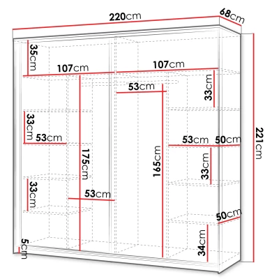 Široká zrcadlová šatní skříň 220 cm REDMOND - písková béžová / černá + LED osvětlení ZDARMA
