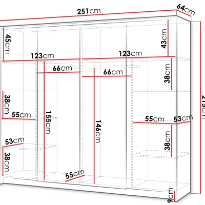 Velká zrcadlová šatní skříň 251 cm REDMOND - písková béžová / černá + LED osvětlení ZDARMA