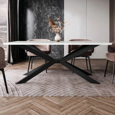Designový jídelní stůl 190x90 LYNNWOOD - mramor bílý / lesklý bílý / černý
