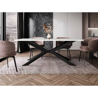 Designový jídelní stůl 190x90 LYNNWOOD - mramor bílý / lesklý bílý / černý