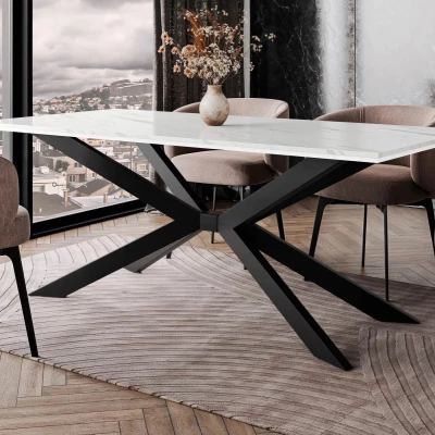Designový jídelní stůl 190x90 LYNNWOOD - mramor bílý / lesklý bílý / černý