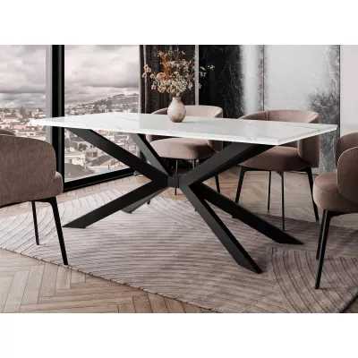 Designový jídelní stůl 190x90 LYNNWOOD - mramor bílý / lesklý bílý / černý