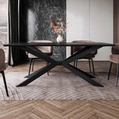 Designový jídelní stůl 190x90 LYNNWOOD - mramor black royal / lesklý černý / černý