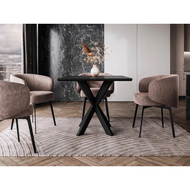 Designový jídelní stůl 90x90 MUKILTEO - mramor black royal / lesklý černý / černý