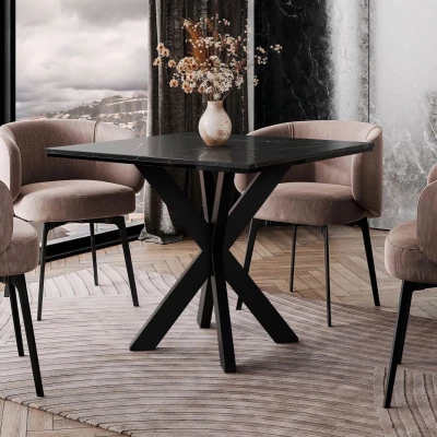Designový jídelní stůl 90x90 MUKILTEO - mramor black royal / lesklý černý / černý