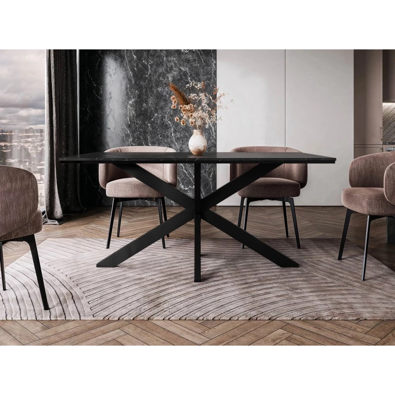 Designový jídelní stůl 160x90 SUMNER - mramor black royal / lesklý černý / černý