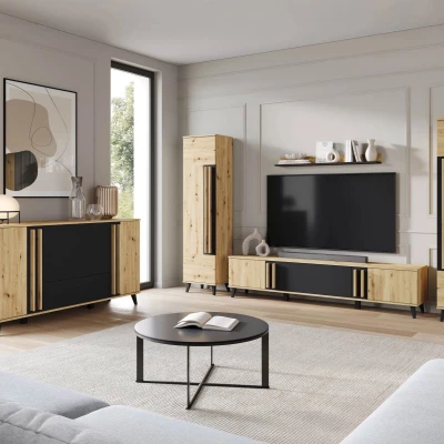 Sestava do obývacího pokoje POULSBO 4 - dub artisan / černá grafitová + LED osvětlení ZDARMA