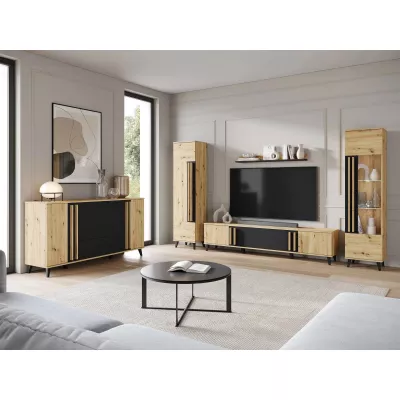 Sestava do obývacího pokoje POULSBO 4 - dub artisan / černá grafitová + LED osvětlení ZDARMA