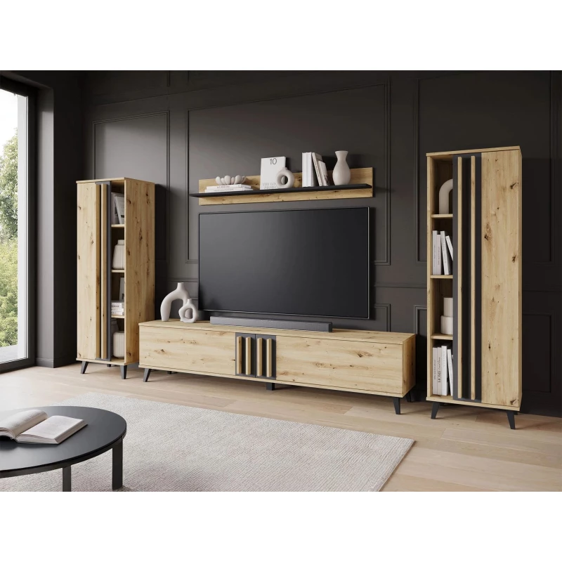 Stěna do obývacího pokoje POULSBO 1 - dub artisan / černá grafitová