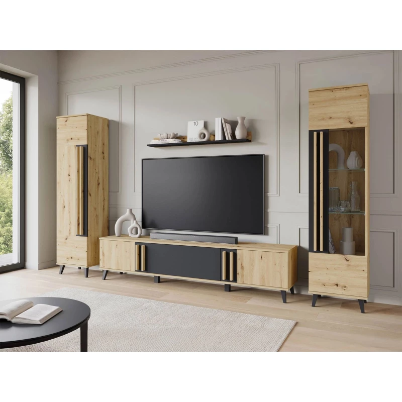 Stěna do obýváku POULSBO 2 - dub artisan / černá grafitová