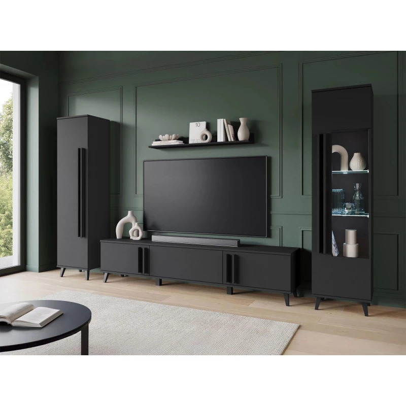 Stěna do obýváku POULSBO 2 - černá grafitová + LED osvětlení ZDARMA