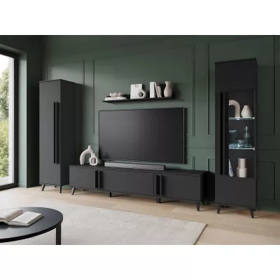 Stěna do obýváku POULSBO 2 - černá grafitová + LED osvětlení ZDARMA