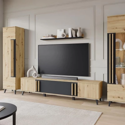 Stěna do obýváku POULSBO 2 - dub artisan / černá grafitová + LED osvětlení ZDARMA